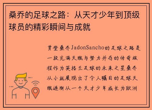 桑乔的足球之路：从天才少年到顶级球员的精彩瞬间与成就