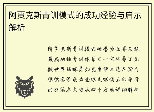 阿贾克斯青训模式的成功经验与启示解析
