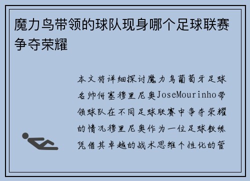 魔力鸟带领的球队现身哪个足球联赛争夺荣耀 魔力鸟带领的球队现身哪个足球联赛争夺荣耀
